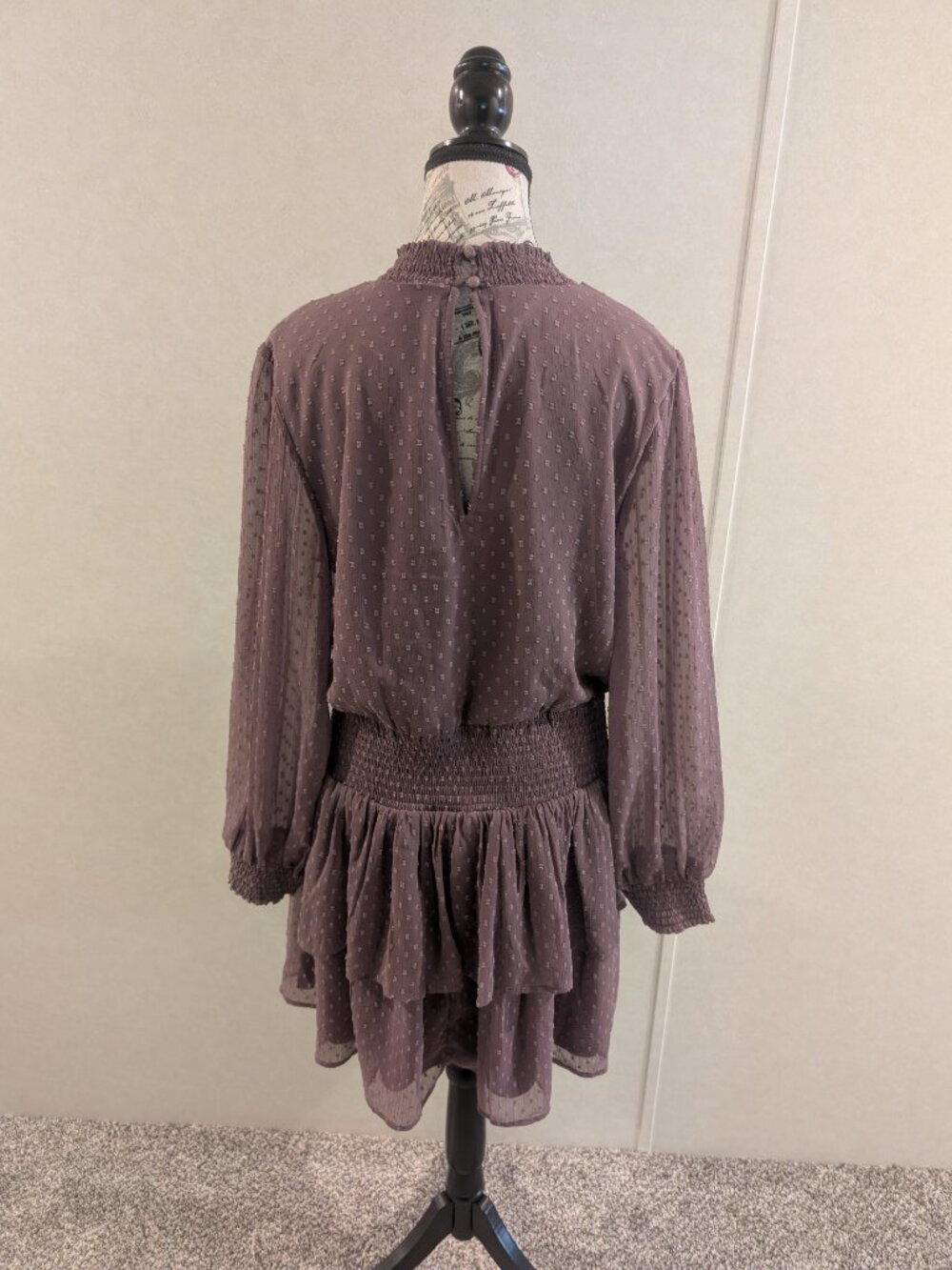 American Eagle Mauve Swiss Dot Smocked Tiered Mini Dress Women Large Boho - Picture 5 of 7